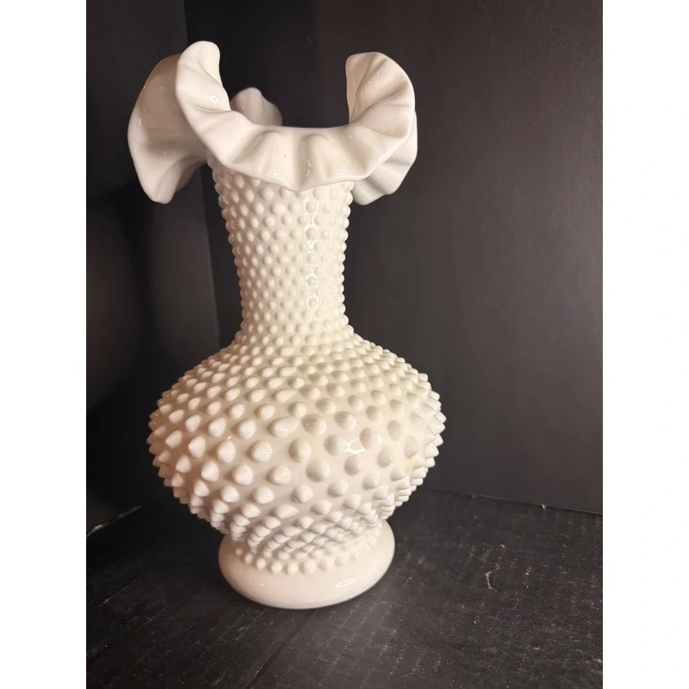Fenton Milk Glass Hobnail Vase Double Crimped Ruffled Rim Vintage White 9.5 inch